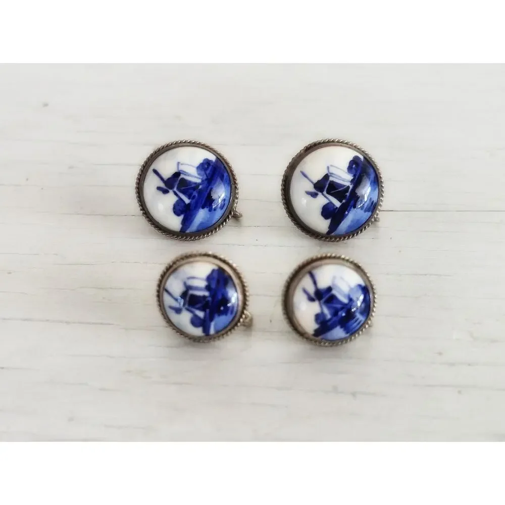 Vintage Delft Dutch Blue White Porcelain Sterling Silver Screw-on Earrings Lot